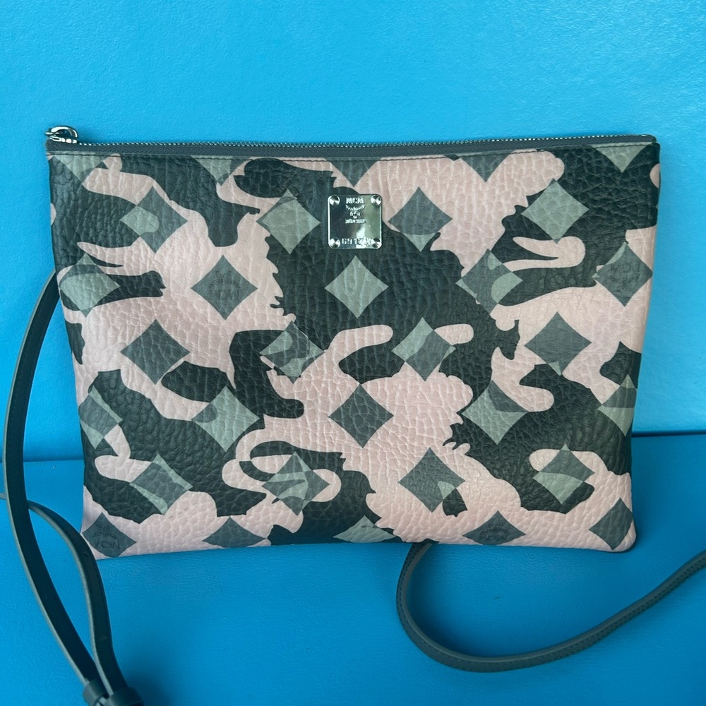 MCM Visetos Crossbody Shoulder Bag or Clutch. Unique Snazzy Pink, Grey & Black